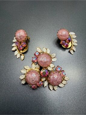 Vintage Confetti glass Pink and Enamel Floral Jewelry Set #26SET